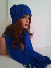 ROYAL BLUE HAND CROCHET FLOWER HAT AND SCARF SET BEANIE SKULL SKI CAP TAM