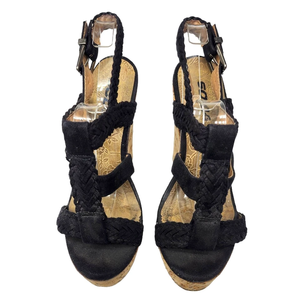 Soda Shoes Womens 7 Black Strappy Wedge Heels Peep Toe Summer Boho Bohemian Sexy - Image 3 of 4