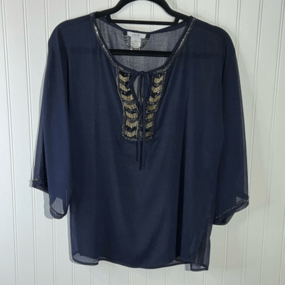 Cache Beaded Tie Top Women s Small Blue Gold Yoke V-Neck Bohemian Short Sleeve