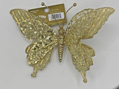 NEW GOLD SEQUIN GLITTER BUTTERFLY SEQUINS BEADS 10'' ORNAMENT FREE SHIP