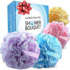 Loofah-Bath-Sponge Lace-Mesh-Set // 2-Scrubs-In-1 by /Large Full 60G Pouf 4 Pac