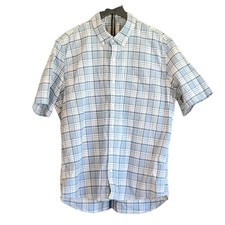 LL Bean Mens Slightly Fitted Short Sleeve Plaid Button Down Shirt Sz Large Blue