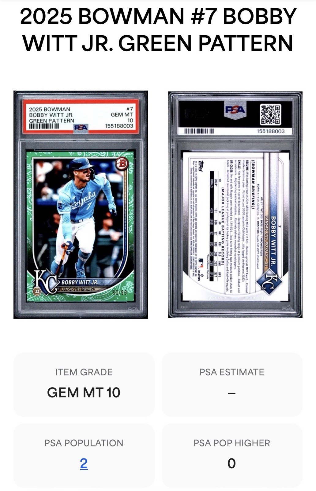 2025 Topps Bowman Bobby Witt Jr #7 Green Pattern /99 PSA 10 Kansas City view 3