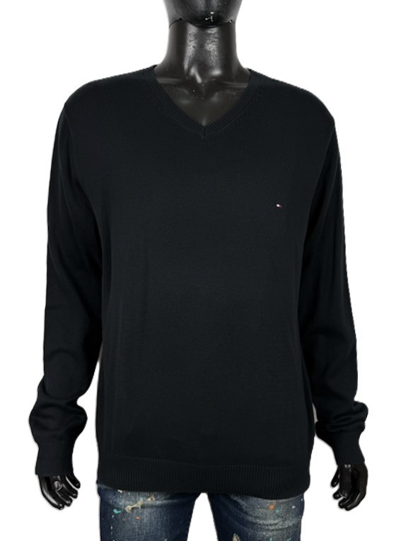 Tommy Hilfiger Maglione Uomo 2XL Nero Premium Cotton Scollo V Logo