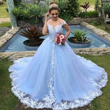 Sky Blue Quinceanera Dresses V-Neck Lace Appliques Prom Ball Gowns Sweet 15 16