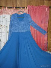 Blue Floral Lace Long Sleeve A-Line Formal Dr...