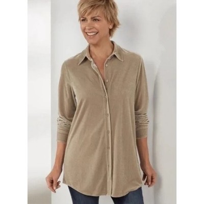 Soft Surroundings NEW Sandy Beige Velvet Boyfriend Tunic Shirt Women's Large