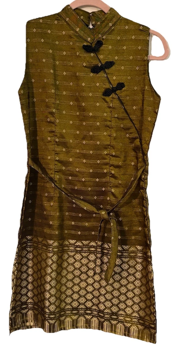green emerald velvet dress RaanPahMuang Luxurious Traditional Thai Clothing Silk Dress Chinese Front Cut Outfit Chinese Collar
