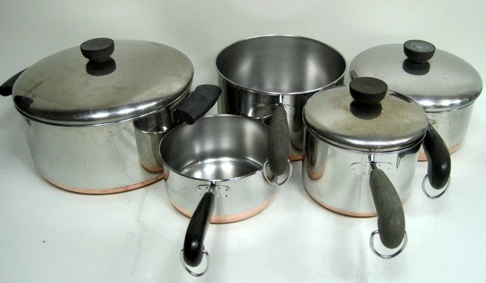 Lot of 8 Pieces Revere Ware Copper Bottom Pans 5qt 3qt 2qt 1.5qt 1qt