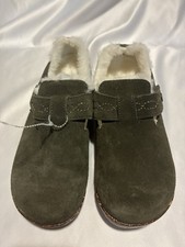 NWOT Earth Origins Aurora Jade Olive Suede Faux Fur Clog Slippers Women  s Size 6
