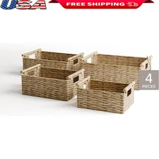 Natural Water Hyacinth Storage Baskets Set of 4 Decorative Organizers W/ Handles
