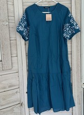 Boho BloomChic Women Green Teal KeyHole Midi Dress 100% Cotton Sz 10 NEW