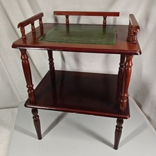 Wooden Leather Table Side Dark Wood Green Top With Spindles CH17
