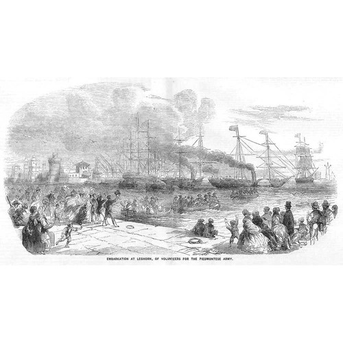 ITALY Embarkation of Piedmontese Army Volunteers at Leghorn - Antique Print 1859