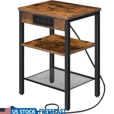 Multifunctional Side Table W/ Outlets USB Charging Adjustable Shelves Storage
