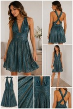 Lulus Metallic Gathered Halter Dress Small Teal Blue Green Shimmer Cocktail