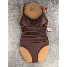 NWT Ellen Tracy Brown Ribbed One Piece Swimsuit Women  s Medium