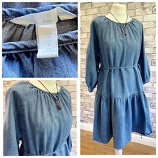 H&M Mama Blue Denim Smock Tunic Dress Size M Tie Belt Casual Maternity Wear VGC