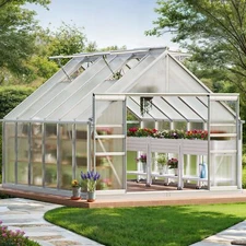 All-Season Aluminum Greenhouse 12x10 ft with Twin-Wall PC Panels & Sliding Doors