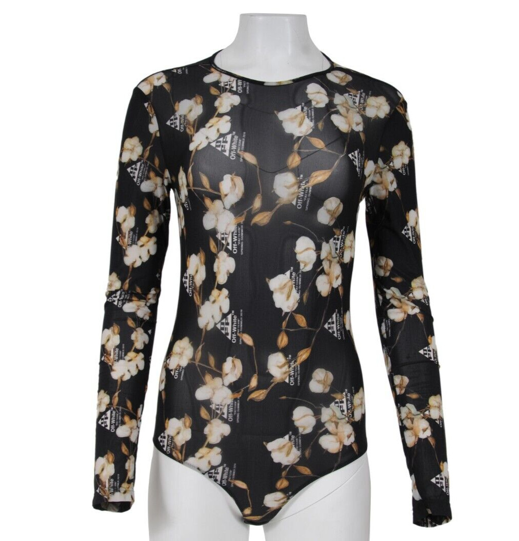 Off White Women Floral Print Logo Stretch Bodysuit Medium IT 40 Black Long Sleev