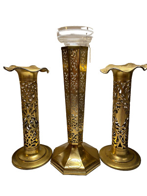 Filigree Brass Lot 3x Vase Candleholders Harmonie Club New York City Antique