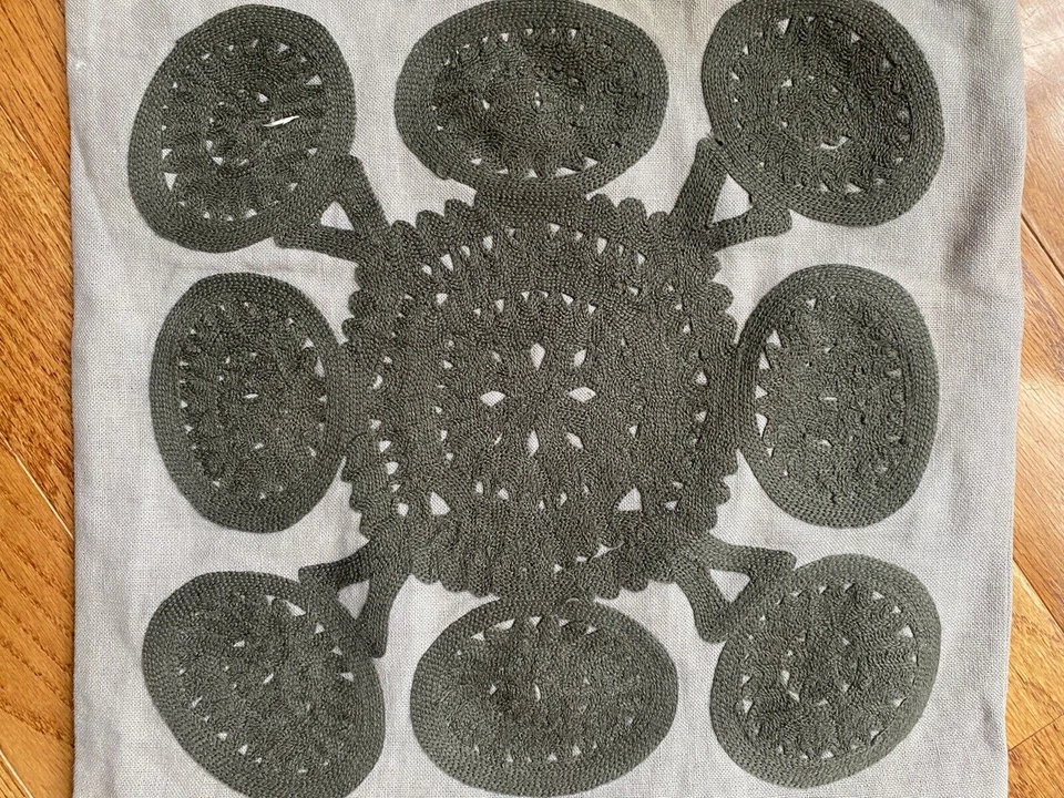 West Elm Gray embroidered Cotton Linen Pillow Cover Case Sham 16” Taupe Square - Image 2 of 4