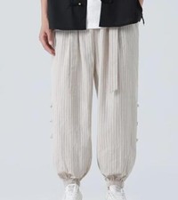 Men's Summer Chinese Style Loose Thin Cotton and Linen Disc Button Trousers