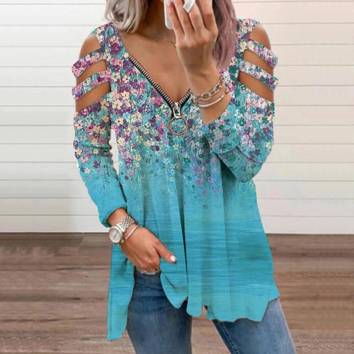 Women Zipper Cold Shoulder V-Neck Summer T-Shirt Tops Ladies Casual Loose Blouse