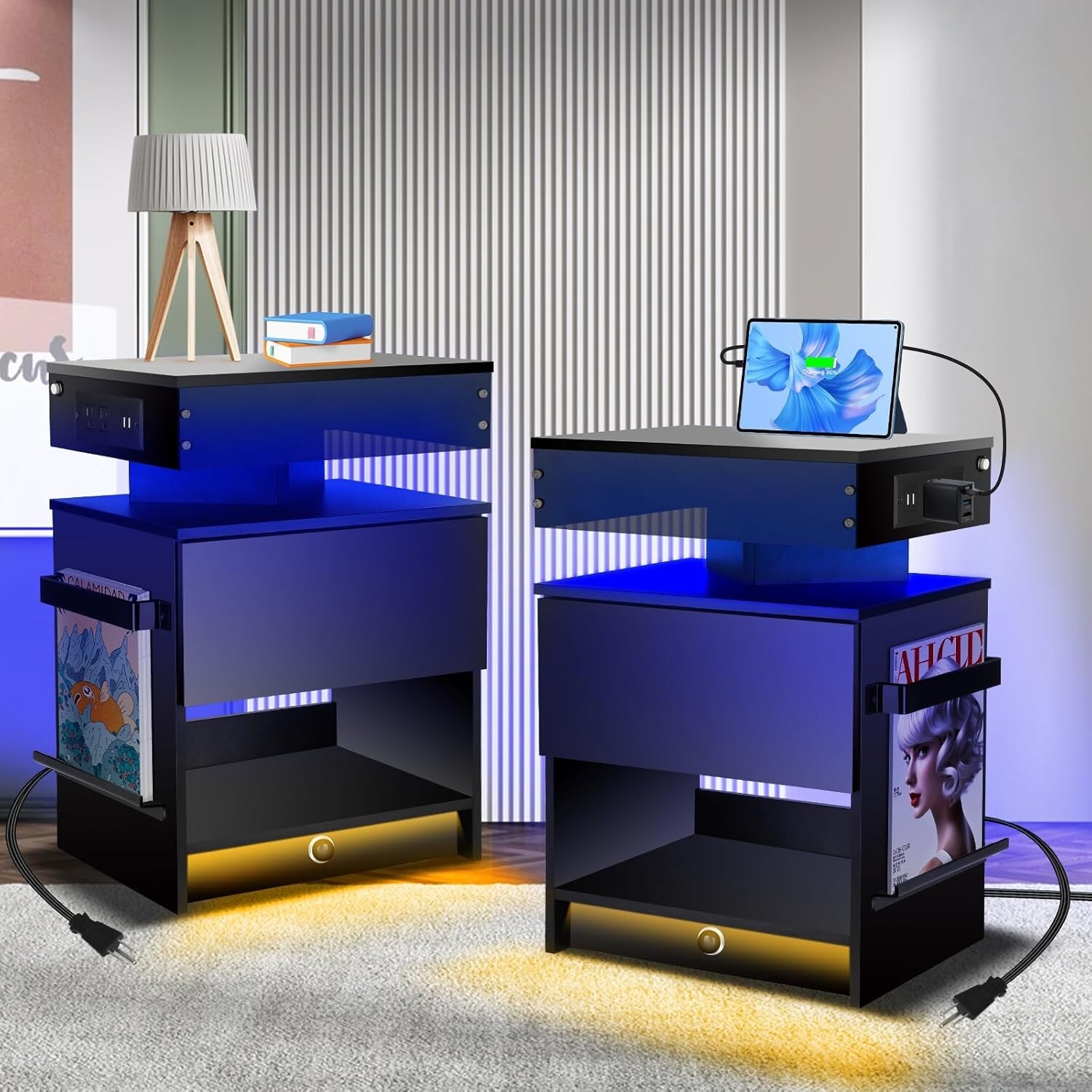 Modern Nightstand Set of 2 with USB Charging Station & Touch Light in Black-image