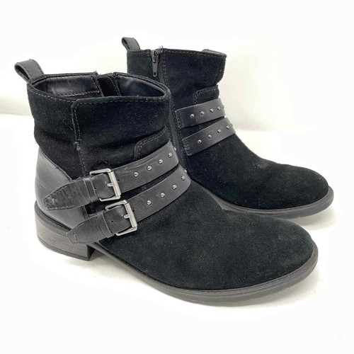Clarks Black Suede Leather Double Buckle Heeled Ankle Boots Women's Size 8.5
