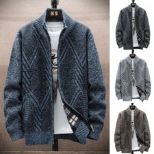 Mens Knit Hooded Cardigan Coat Winter Sweater Jacket Warm Turtleneck Zip Up