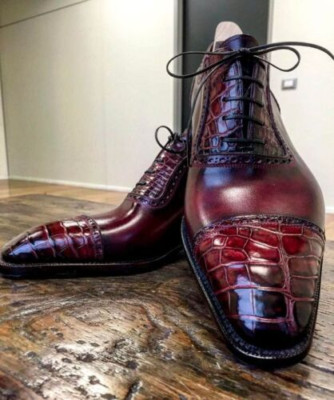 Handcrafted Men's Genuine Burgundy Leather Oxford Lace up Toe cap Formal Shoes