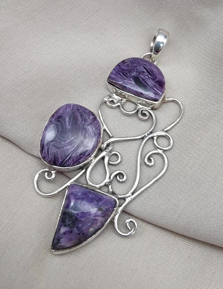 Naturale Charoite Fiore Ciondolo 925Sterling Argento 3-Stone Fatto a Mano Boho - Immagine 4 di 4