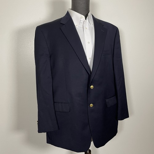 Chaps Blazer Jacket Mens 48R Navy Blue Solid Wool Brass Metal Buttons - Picture 7 of 14