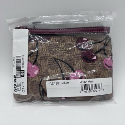 COACH CZ450 Corner Zip Wristlet Signature Canvas With Cherry   Print Tan Multi