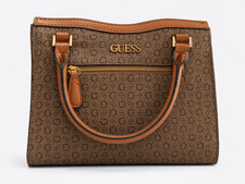 Guess Brown Monogram Handbag Small Tote Bag Gold Zip Logo