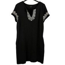 TALBOTS Midi Dress Large Black White Geometric Embroidery Y-Neck Short Sleeve