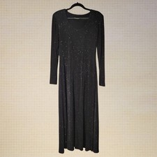 90s Sparkly Black Stretch Long Sleeve Evening Midi Dress Medium Spandex Fit
