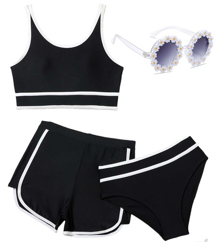 Girls Swimsuits 3 Piece Bathing Suit Bikini Set with Sporty Shorts and Sungla...
