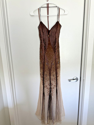Women's Alyce Silk Brown Gradient Beaded V Maxi Formal Dress with Shawl Size 4