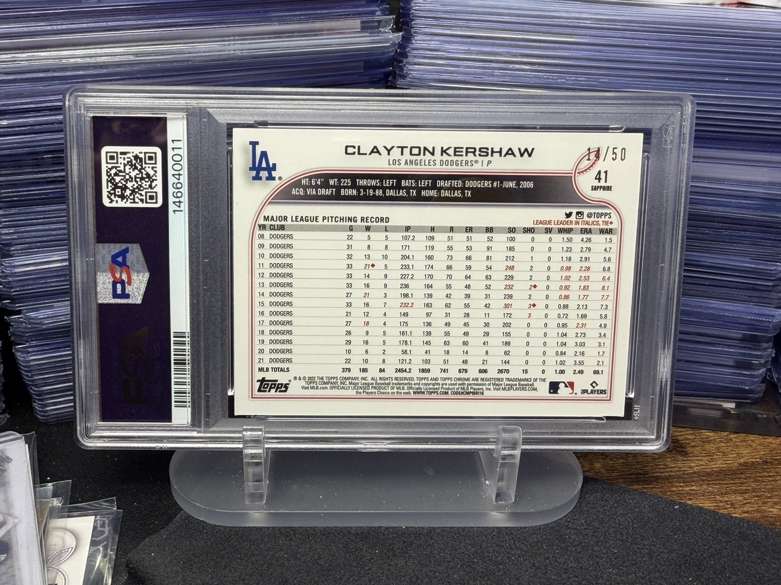 2022 Topps Chrome Sapphire Clayton Kershaw Gold /50 PSA 8 Dodgers Rare view 2
