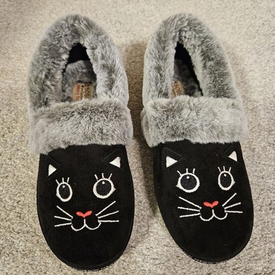 Skechers BOBS Too Cozy Meow Pajamas Black Cat Slippers 7 Memory Foam Faux Fur