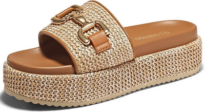 Womens Platform Sandals Raffia Espadrilles Metal Chain Slip on Open Toe Cute Bea
