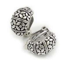 C Shape Textured with Butterfly Motif Clip-on Earrings in Aged Silver Tone