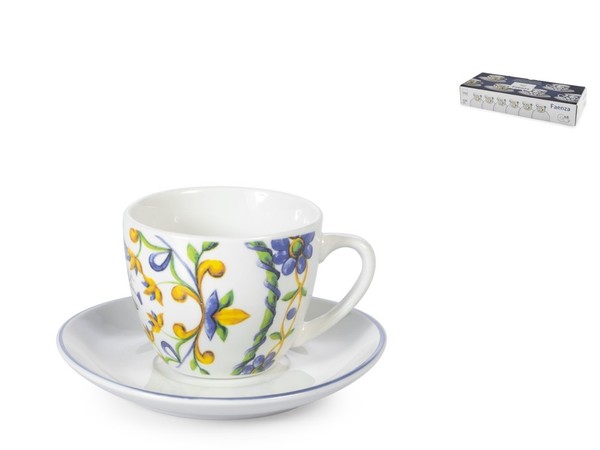H&H Set 6 Tassen Kaffee Faenza Porzellan Dekoriert Inkl. Unterteller Cc 110-image