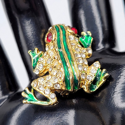 Frog Toad Crystal Fill Red Eyes Green Enamel Gold Tone Small Figural Pin Brooch