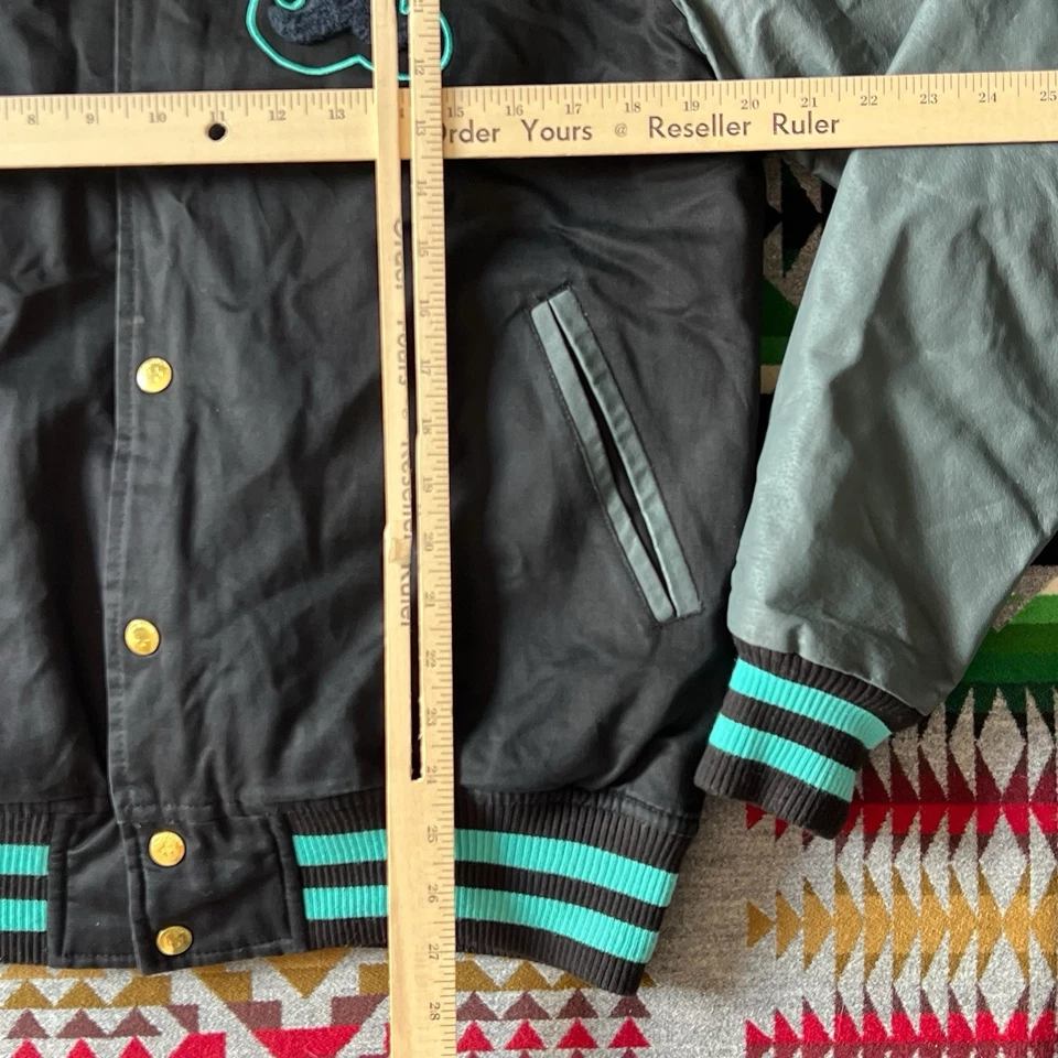 Pink Dolphin Mens Varsity Jacket Size Large Black Bomber Leather Sleeve Logo A4 - Image 4 of 4