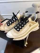 Chanel WhiteBlack Leather Fabric CC Low Top Sneaker Shoes, 37.5