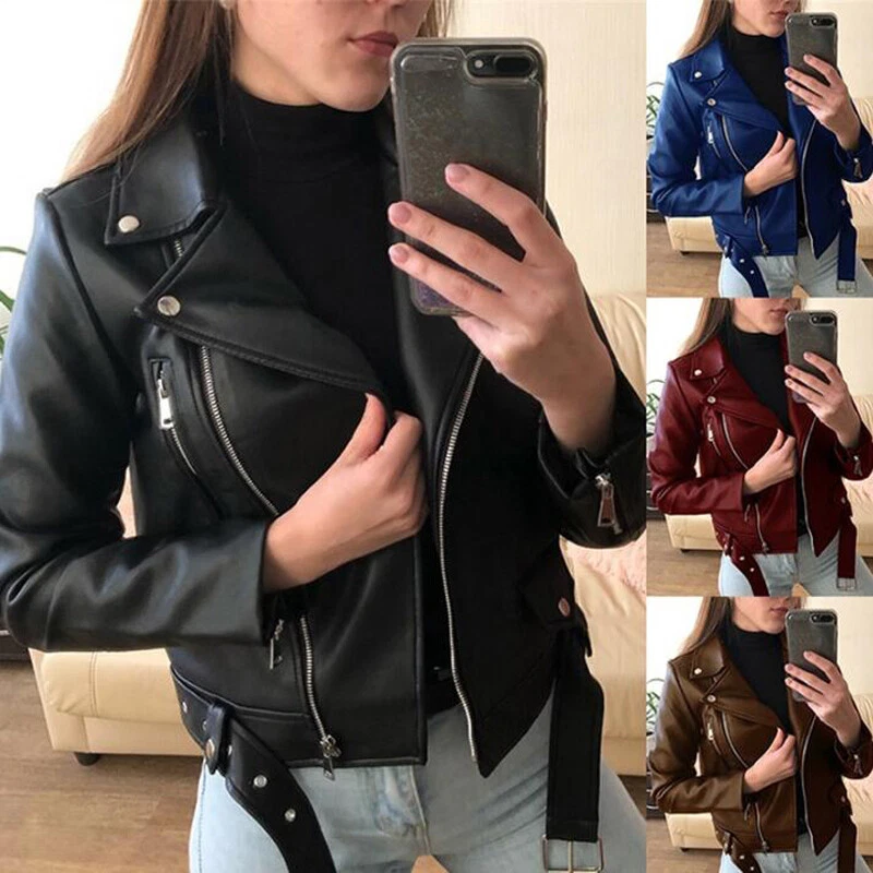 Ladies Motorcycle Leather Jackets Women Zipper Slim Black Moto & Biker  Jacket @