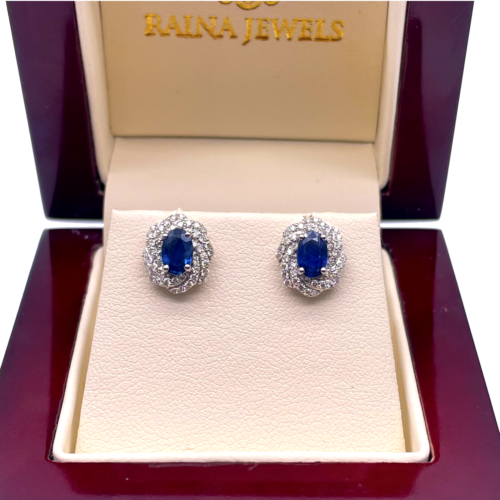 18ct White Gold Natural Oval Blue Sapphire & Diamond Cluster Earrings 0.33ct - Picture 1 of 5